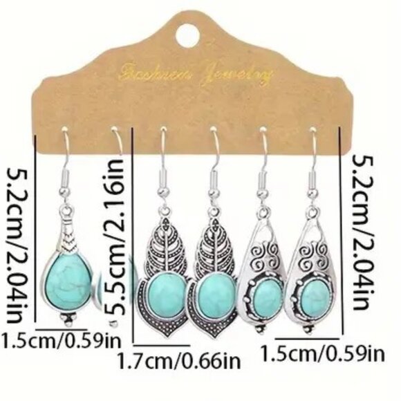 Turquoise Earrings Dangle 3pr Silver Boho Hippie Southwest Stylish Trendy Unique - Picture 2 of 2